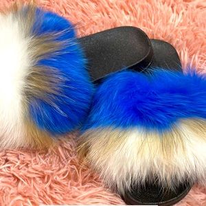 Blue, White, Brown, and Black Fur Slides Size 8